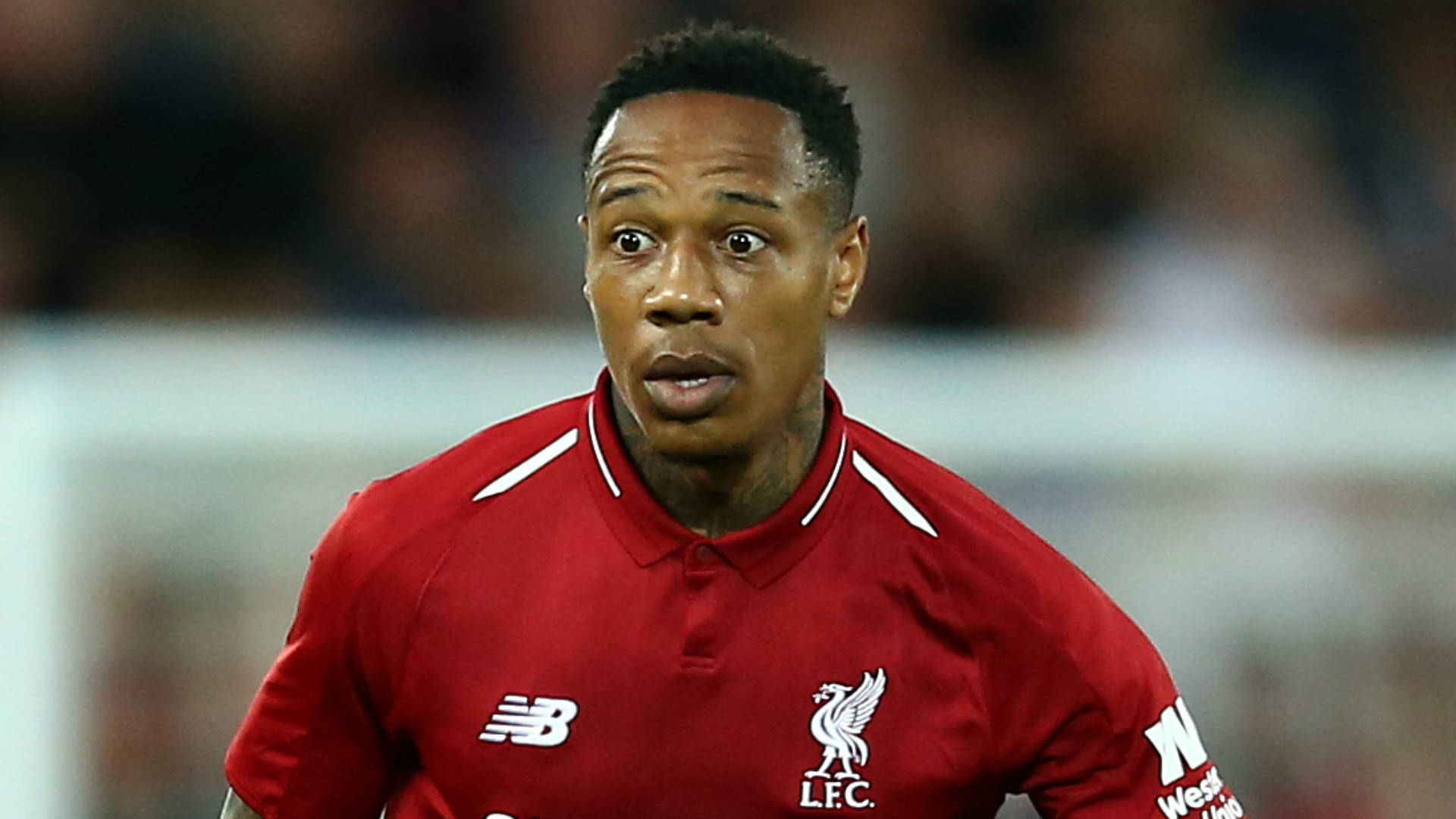 Nathaniel Clyne, red Liverpool jersey, stadium lights, Full HD Desktop Wallpaper
