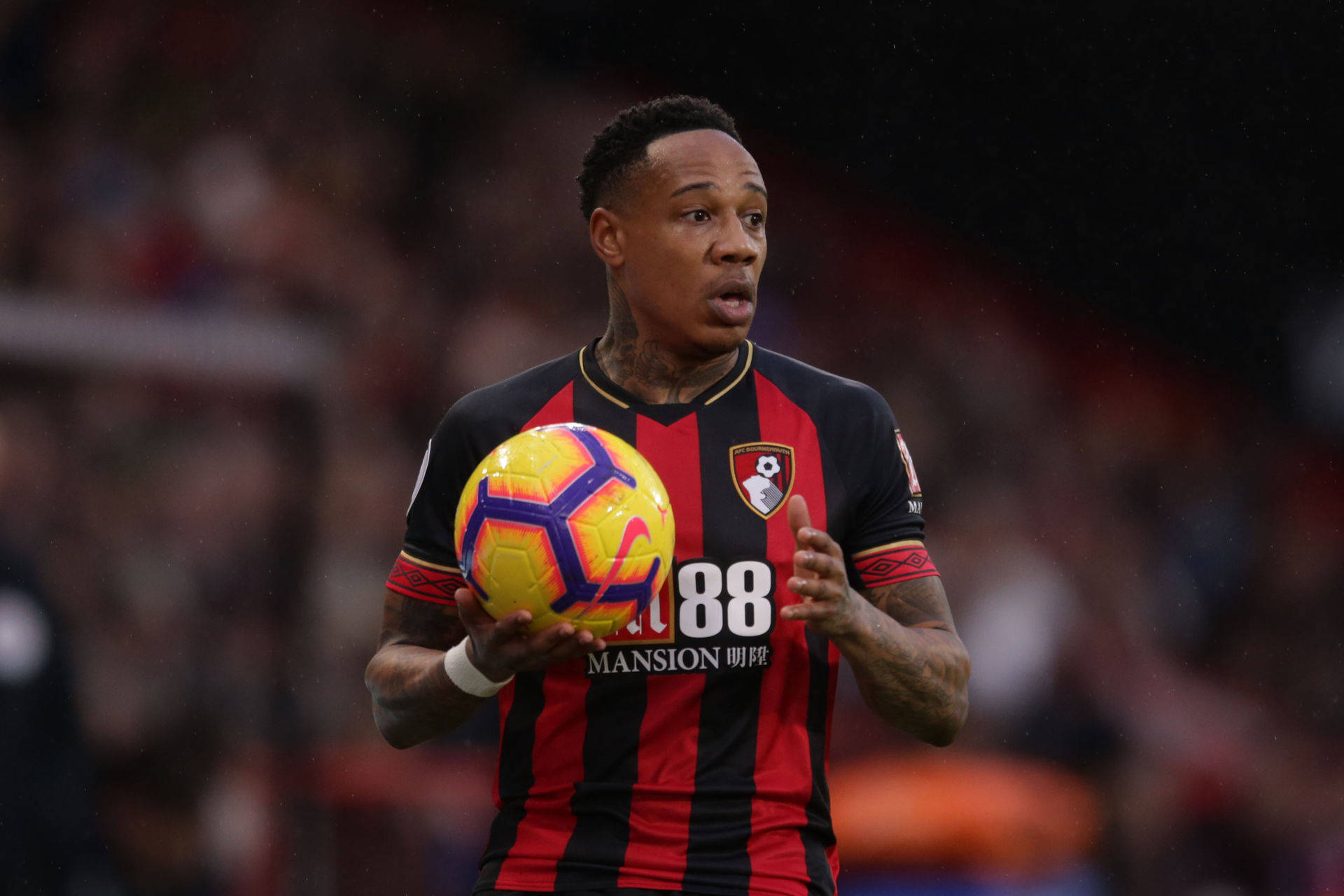 Nathaniel Clyne, red and black striped jersey, vibrant yellow and purple ball, Full HD Desktop Wallpaper