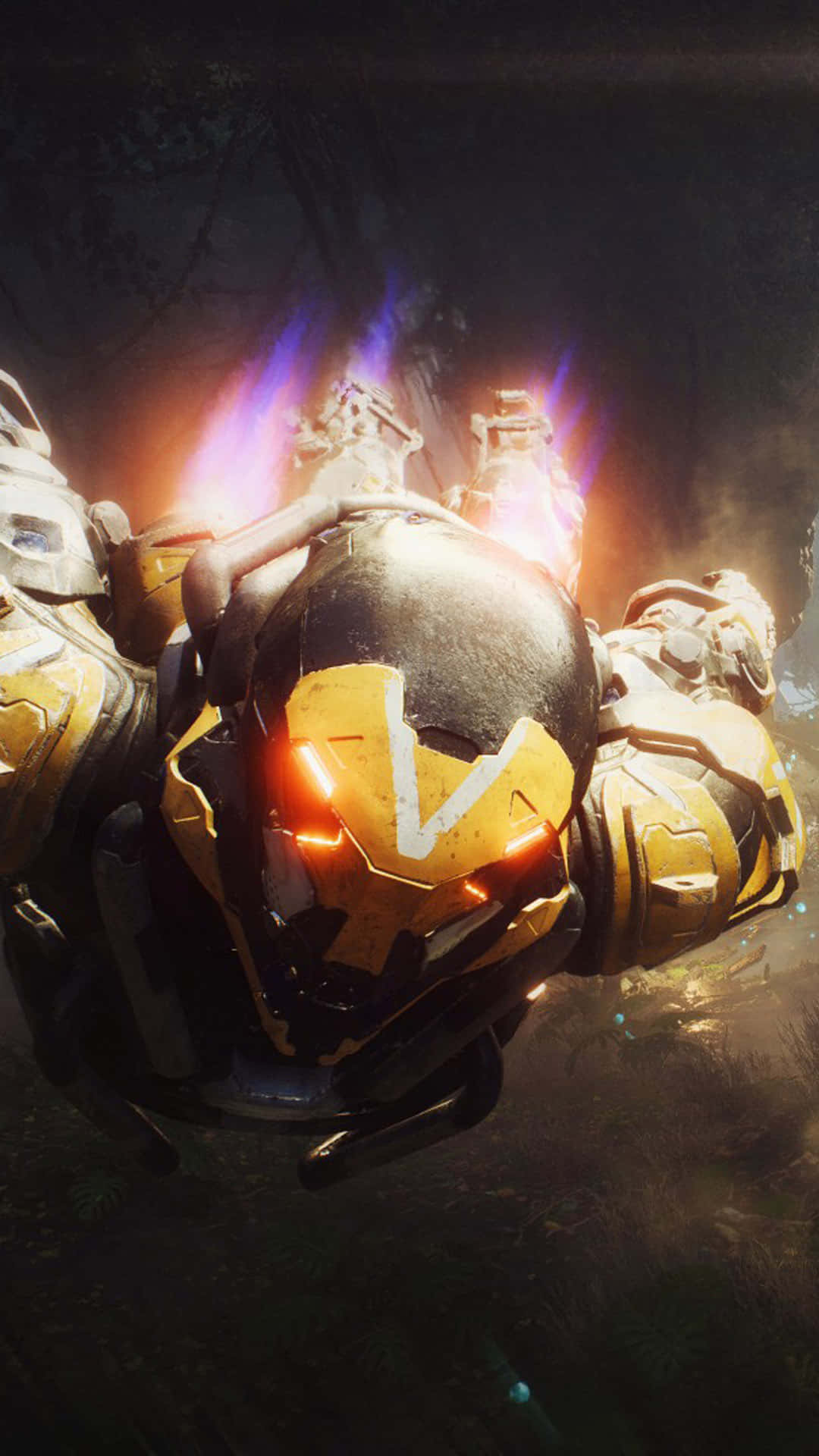 Anthem, glowing yellow and black armored mech, purple energy bursts, Full HD Phone Wallpaper