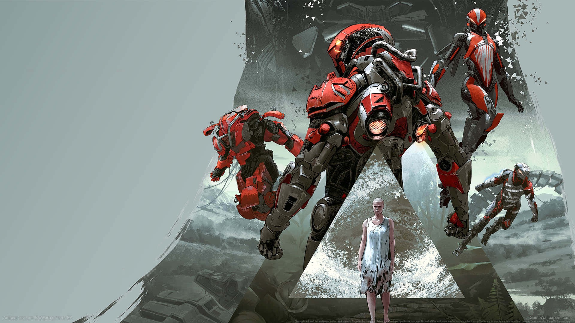 Anthem, red armored mech, smaller mechs, Full HD Desktop Wallpaper