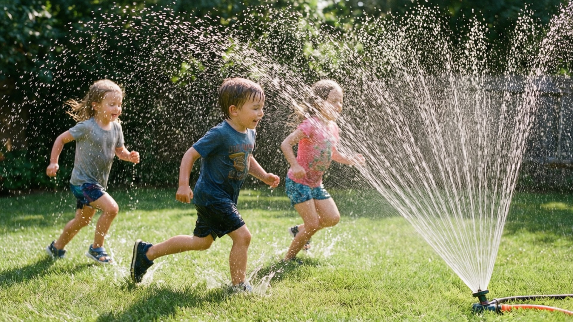 Summer Sprinkler Fun, children playing in sprinkler, active fun, Full HD Desktop Wallpaper