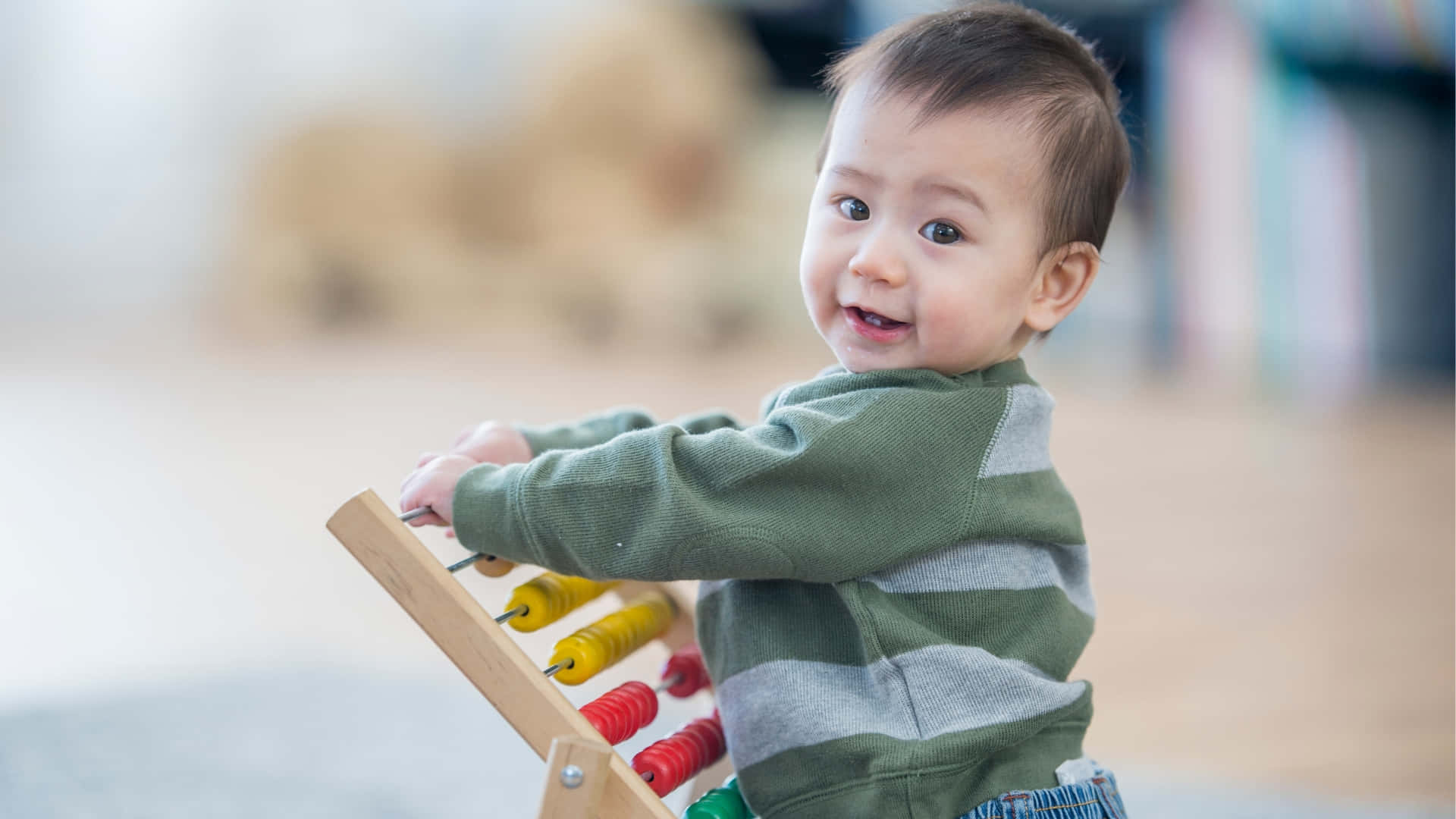 toddler, green striped sweater, wooden abacus, Full HD Desktop Wallpaper