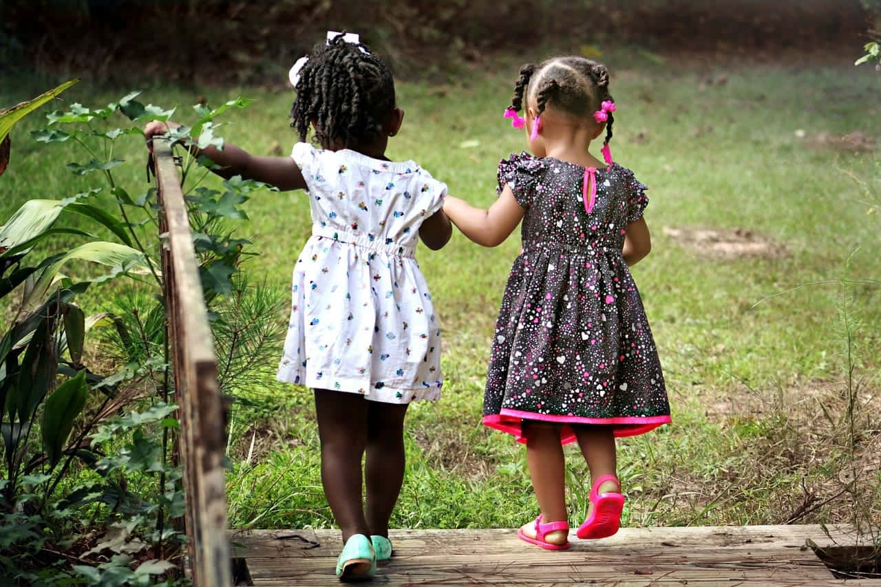 childhood bondingin nature, two young girls, patterned dresses, HD Desktop Wallpaper