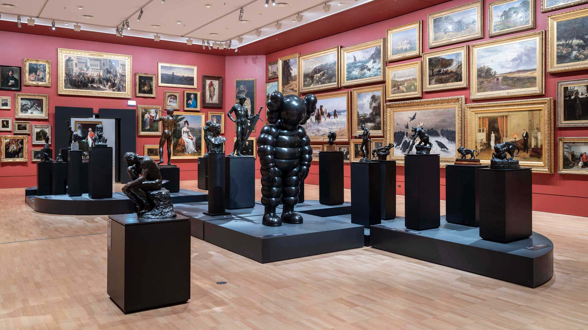 National Gallery Victoria, sculpture exhibit, red walls, Full HD Desktop Wallpaper