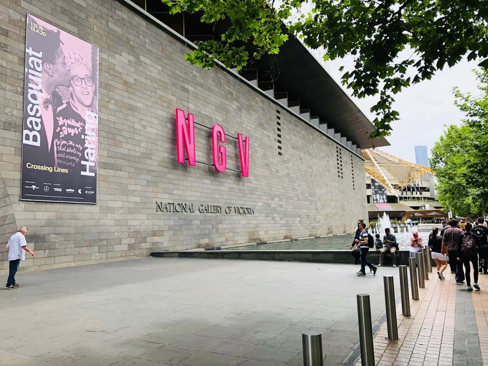 National Gallery Of Victoria, gray brick, bold pink NGV letters, HD Desktop Wallpaper