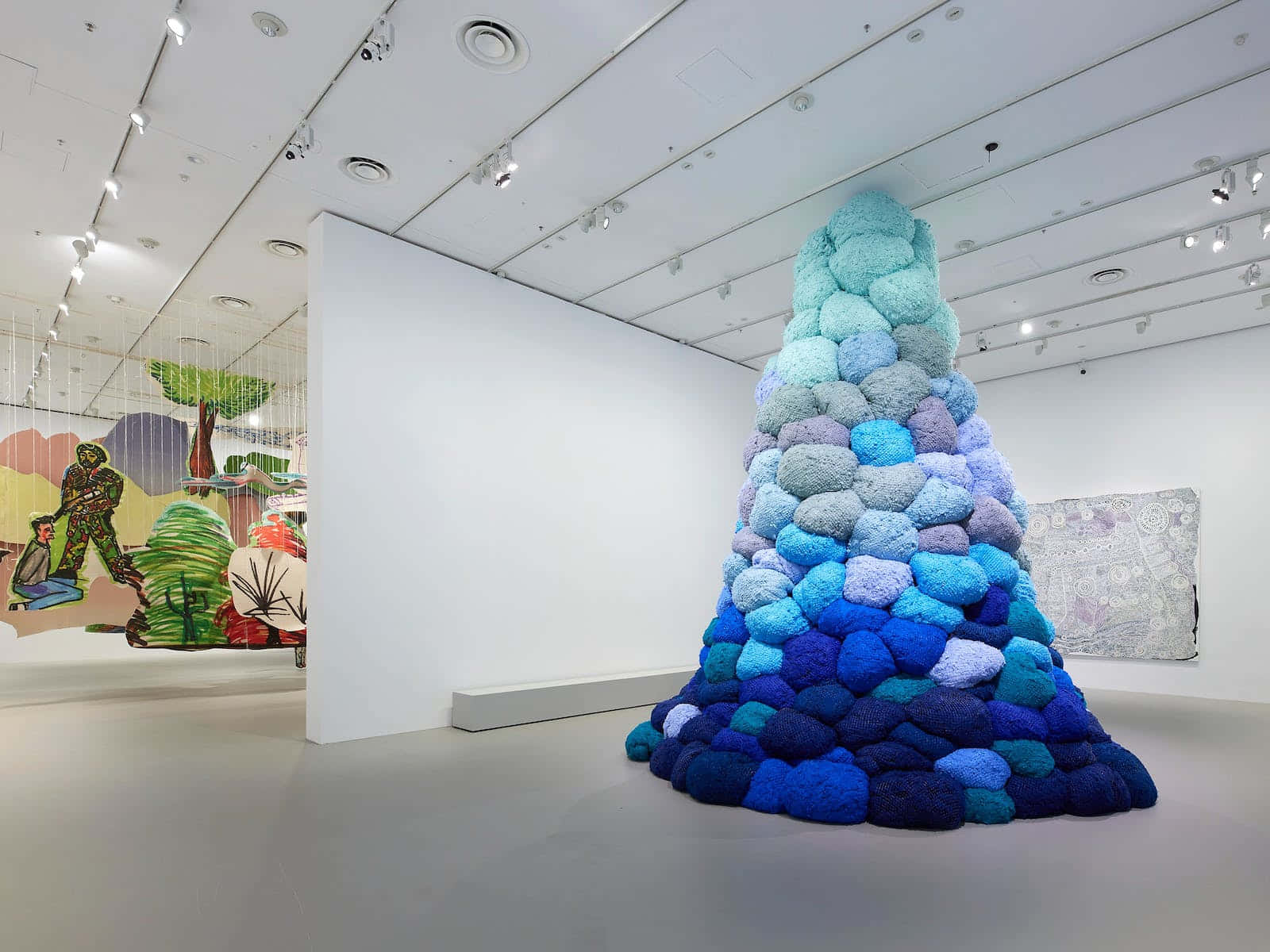 Colorful Art Installation N G V, tall sculpture, stacked fluffy yarn balls, HD Desktop Wallpaper