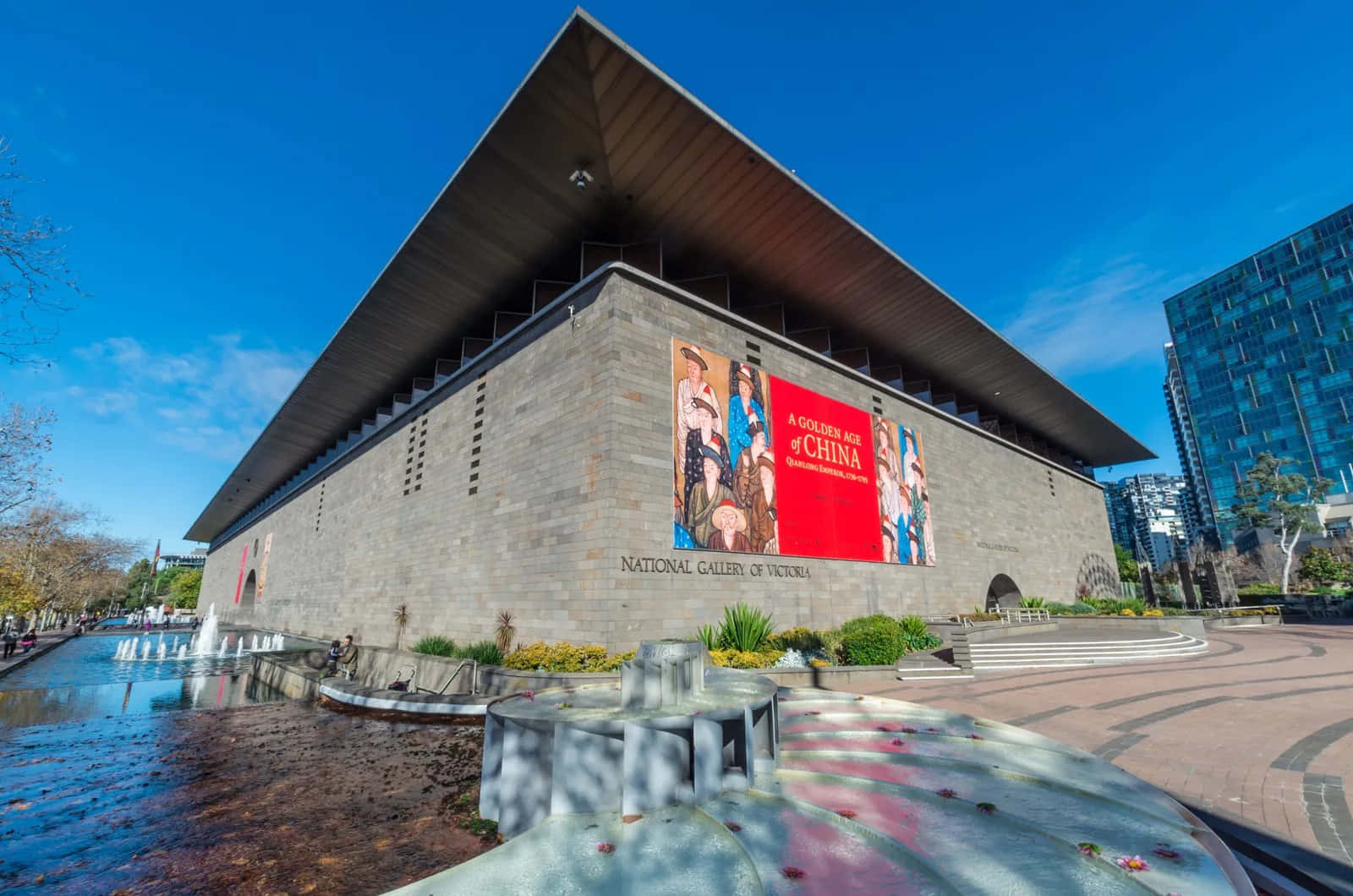 National Gallery Of Victoria, modern stone museum, bold red China exhibit banner, HD Desktop Wallpaper