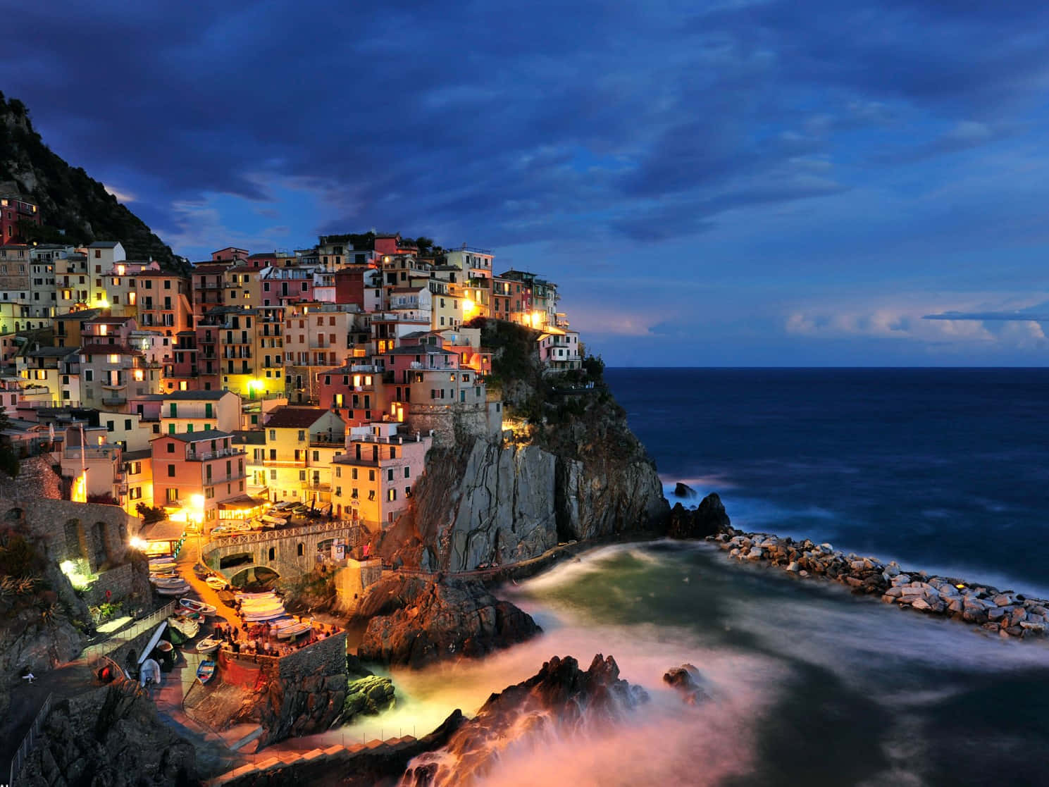 National Geographic Desktop, cliffside village, warm lights, HD Desktop Wallpaper