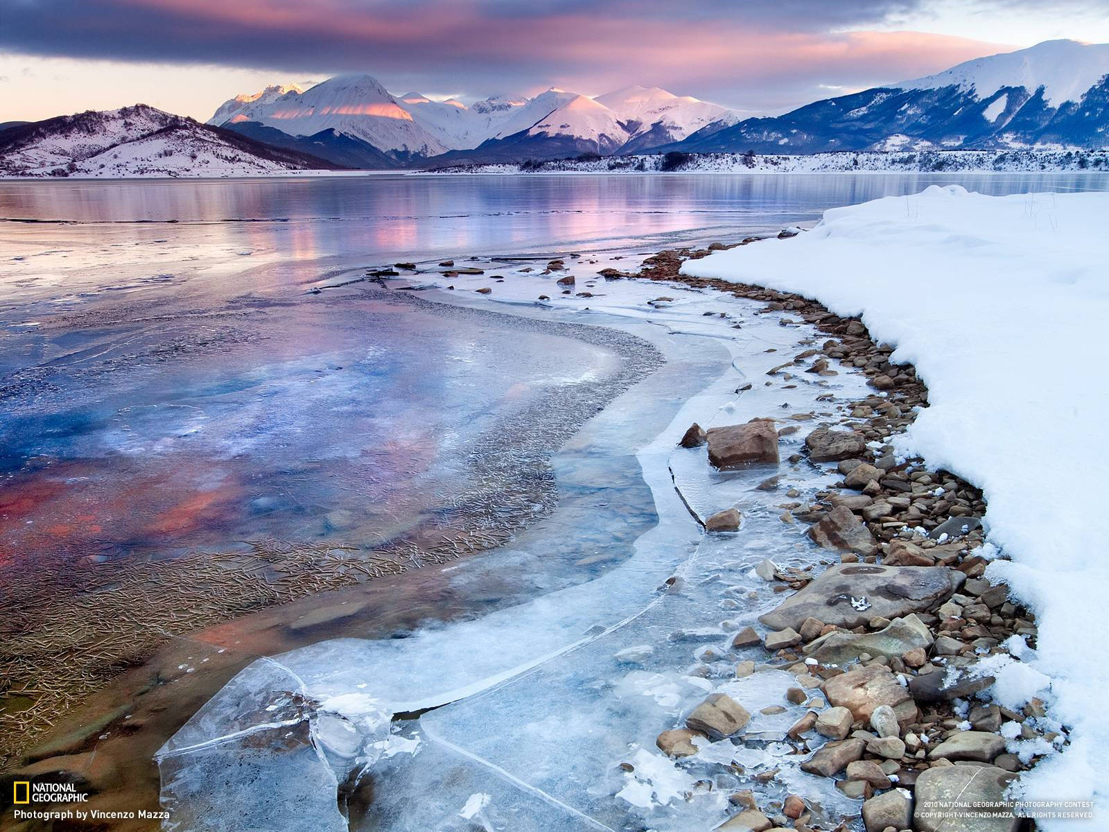 National Geographic, frozen lake, snow covered rocks, HD Desktop Wallpaper