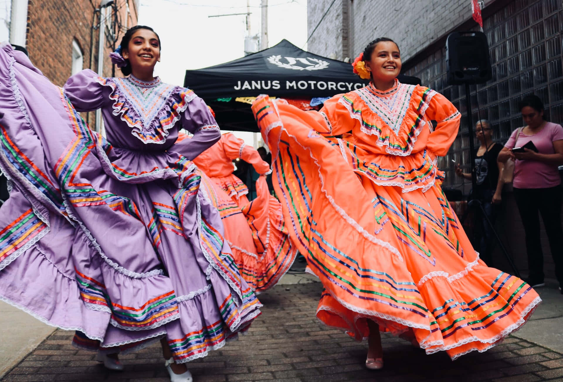 Hispanic Heritage, vibrant traditional dresses, brick street, Full HD Desktop Wallpaper