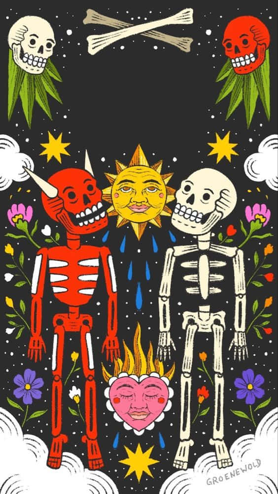 Hispanic Heritage, illustrated skeletons, skulls, SD Phone Wallpaper