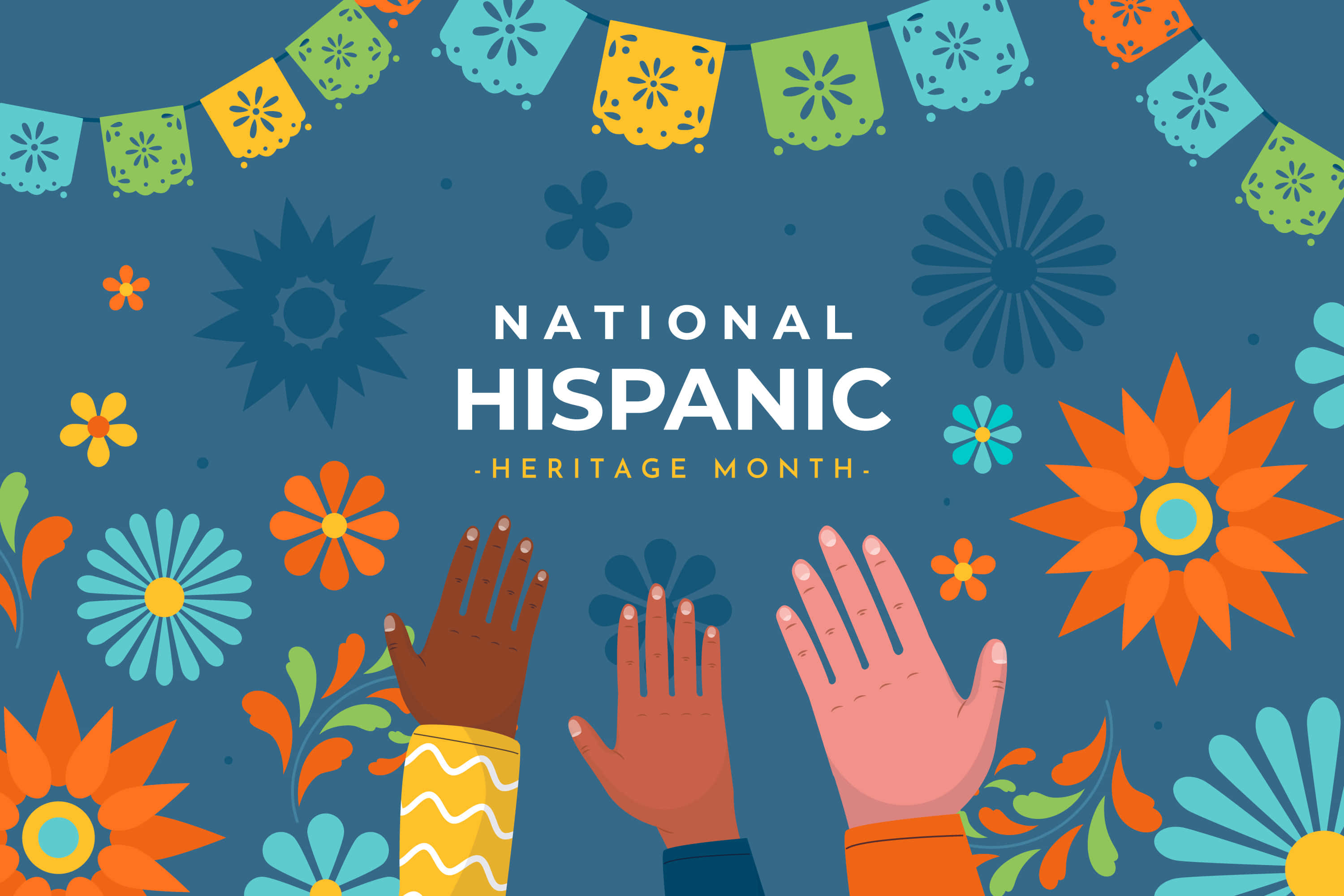 National Hispanic Heritage Month, papel picado, blue background, 2K Desktop Wallpaper