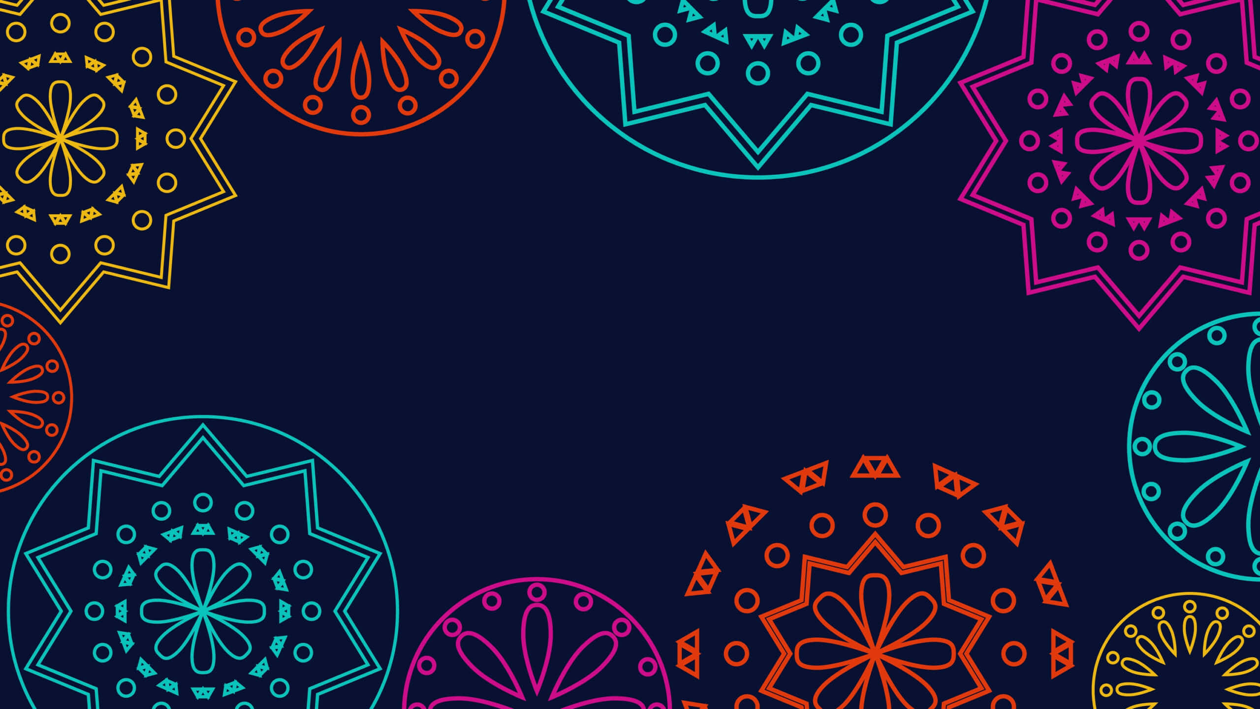 Hispanic Heritage Month, neon mandala patterns, yellow orange teal magenta, 2K Desktop Wallpaper