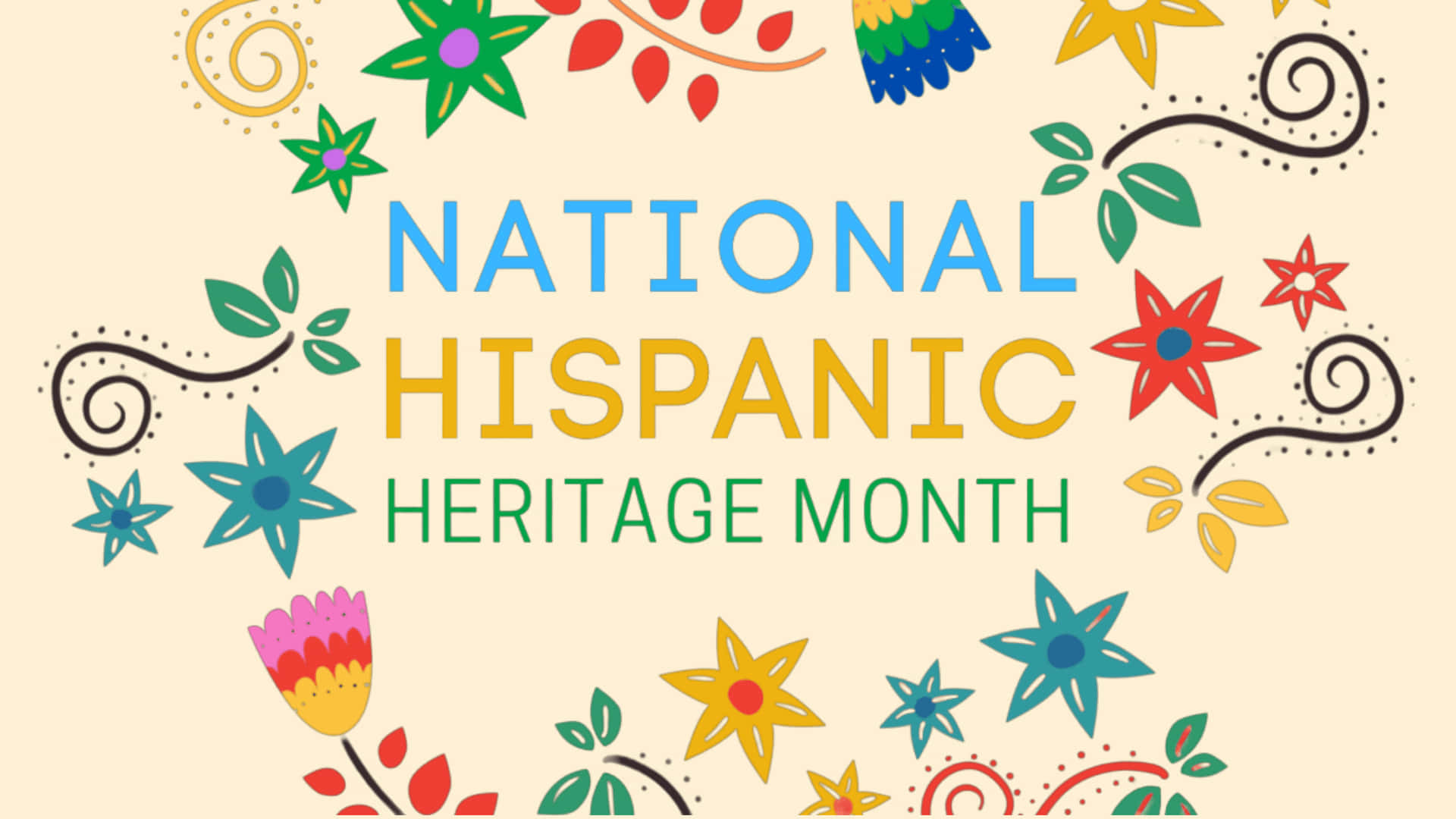National Hispanic Heritage Month, floral and swirl patterns, bold text, Full HD Desktop Wallpaper