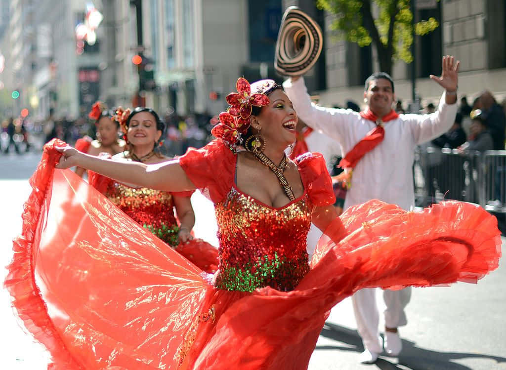 vibrant dancer, flowing red costume, sunny street parade, SD Desktop Wallpaper
