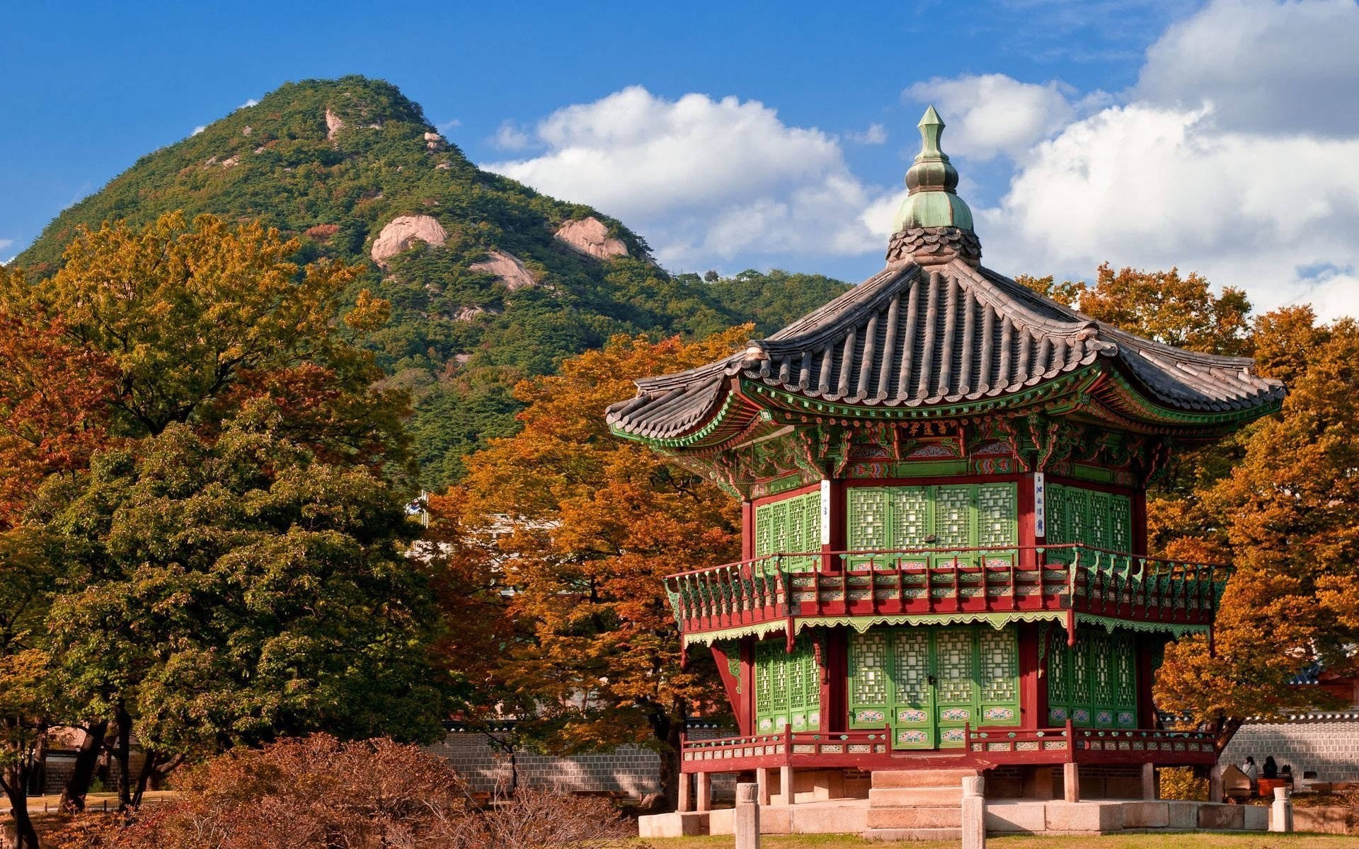 traditional Korean pavilion, green and red accents, autumn trees, Full HD Desktop Wallpaper