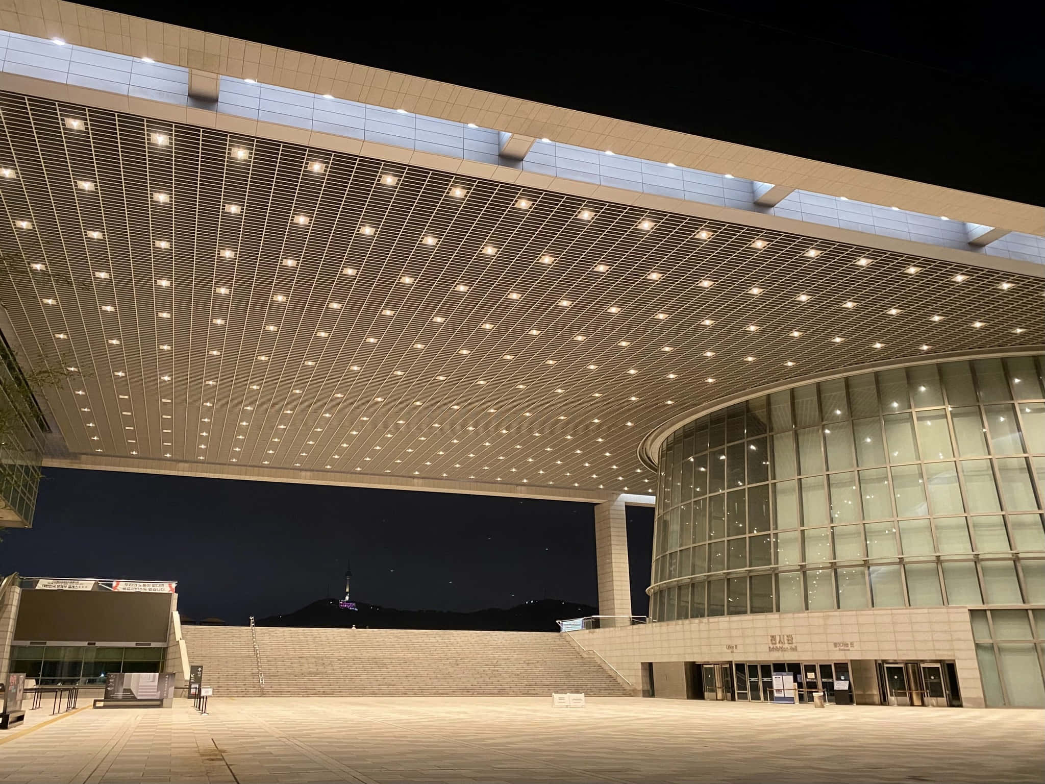 National Museum Of Korea, nighttime, illuminated grid ceiling, Full HD Desktop Wallpaper