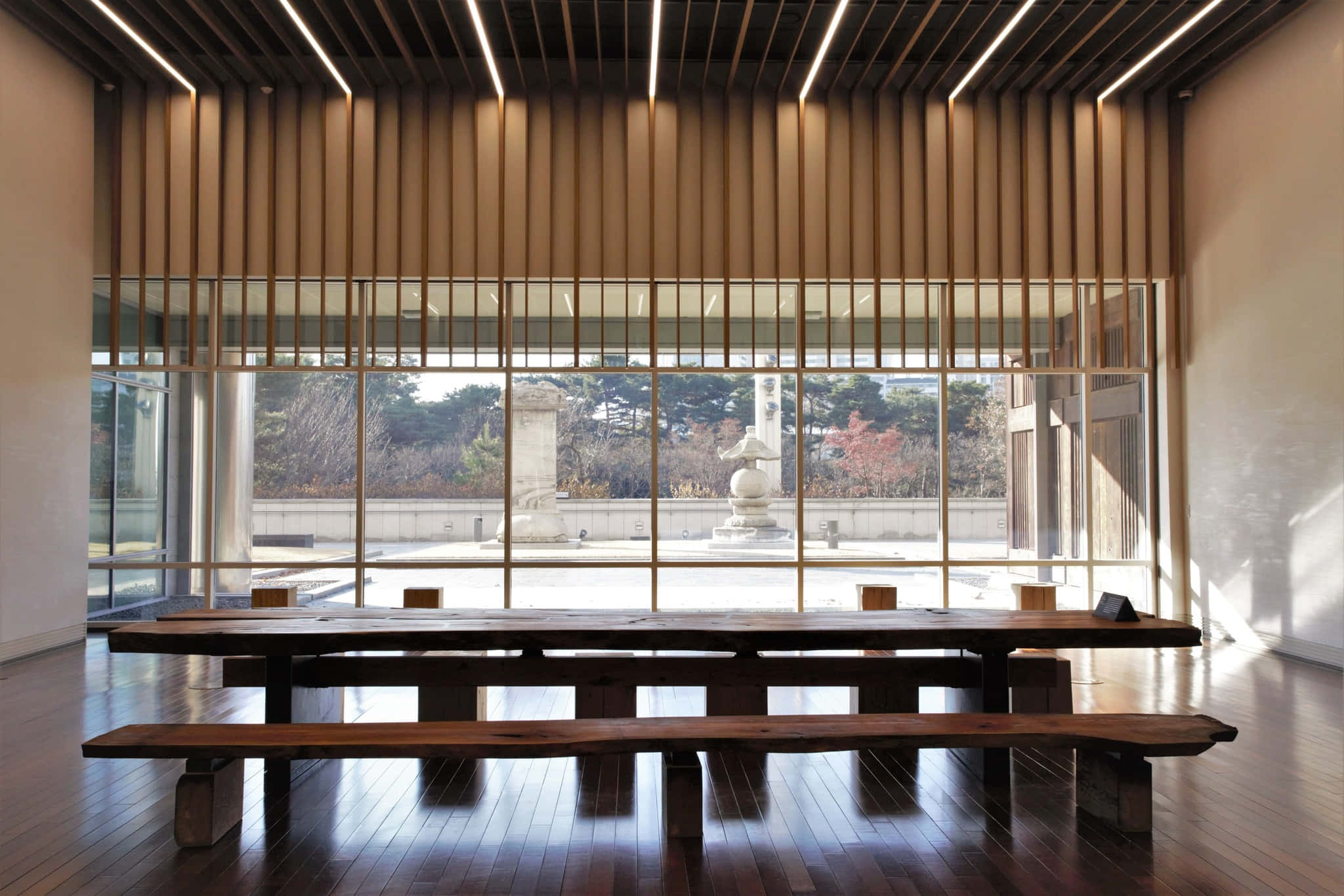 National Museum Of Korea, wooden benches, slatted ceiling, Full HD Desktop Wallpaper