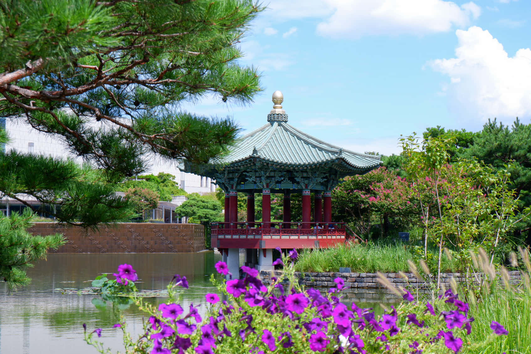 traditional Korean pavilion, red pillars, green roof, HD Desktop Wallpaper