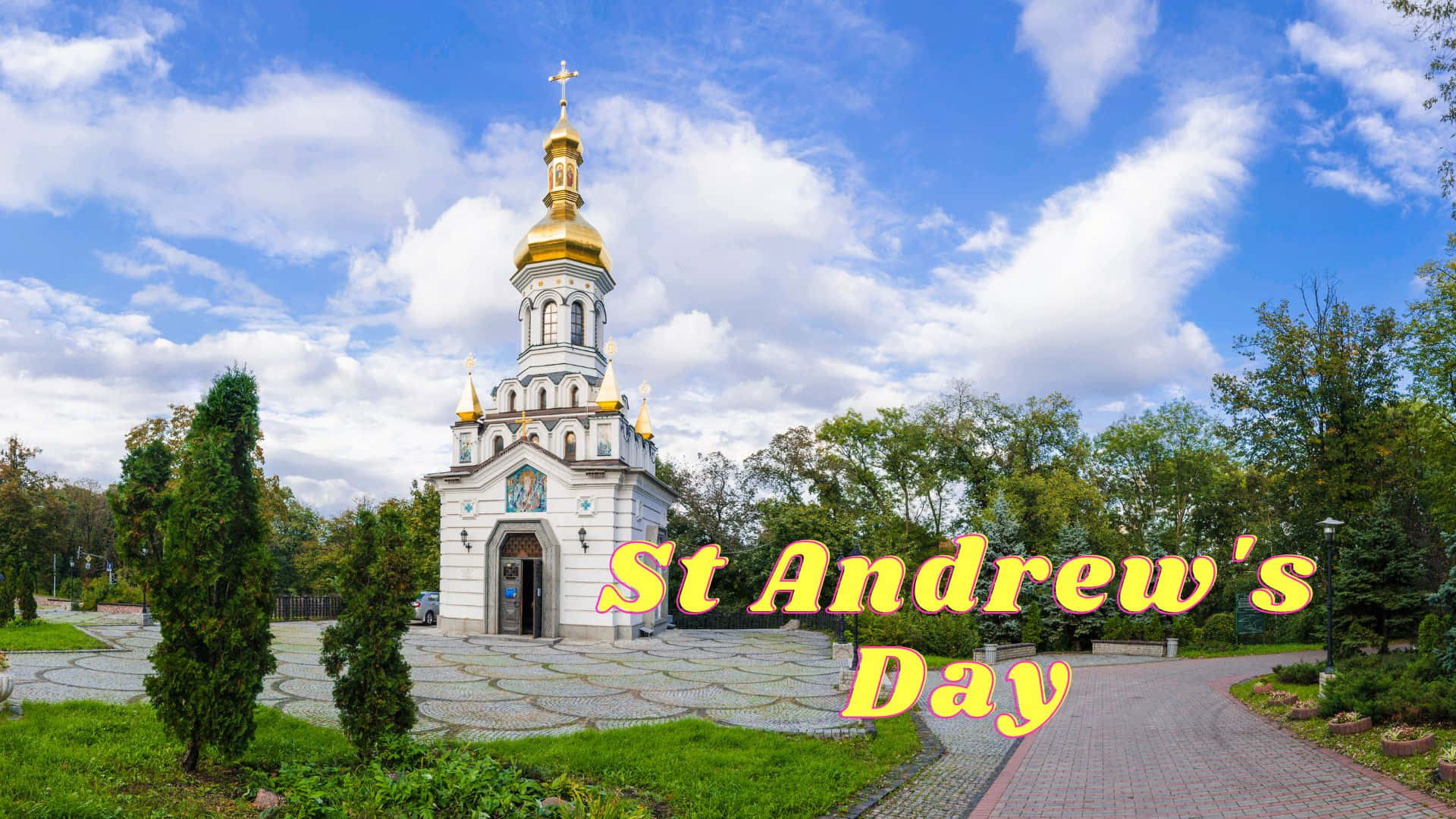 white church, golden domes, bright blue sky, Full HD Desktop Wallpaper