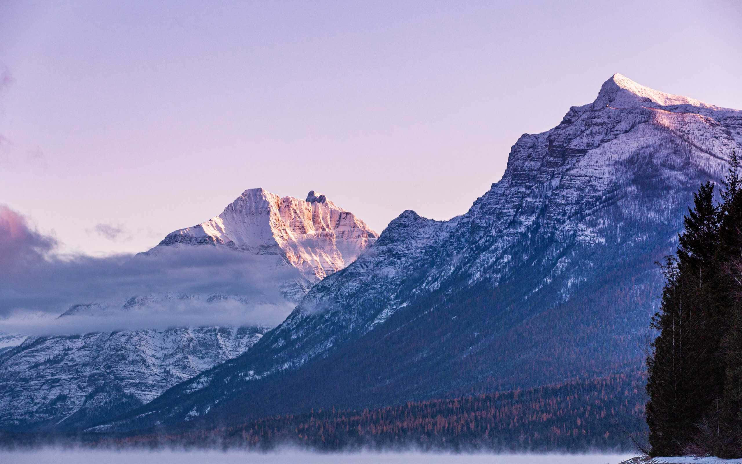 alpenglow, mountain peaks, misty valley, 2K Desktop Wallpaper