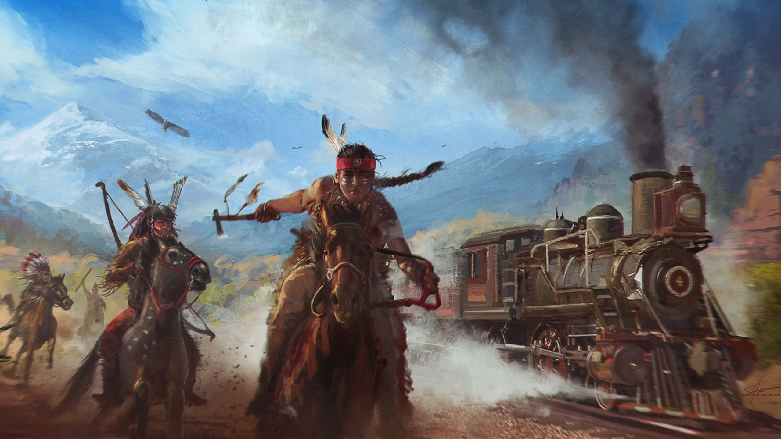 Native American warriors, horseback, steam train, 2K Desktop Wallpaper