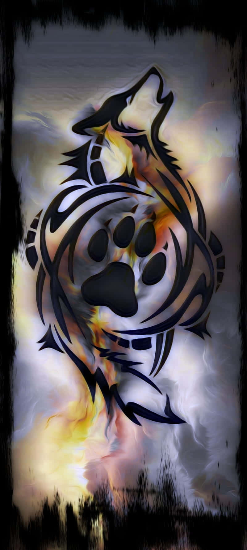 tribal paw print, smoky fiery backdrop, stylized wolf, HD Phone Wallpaper