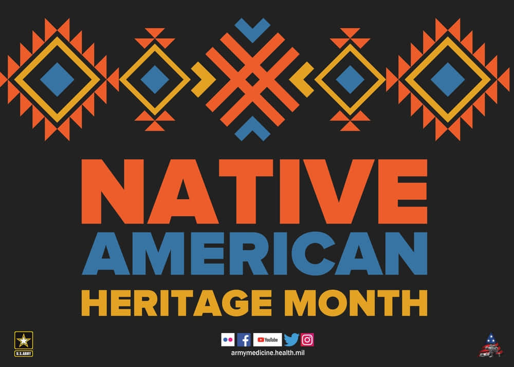 Native American Heritage Month, vibrant geometric patterns, bold text, SD Desktop Wallpaper