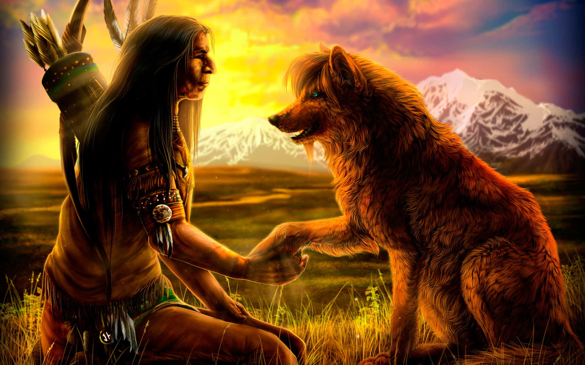 Native American warrior, large wolf, golden field, Full HD Desktop Wallpaper