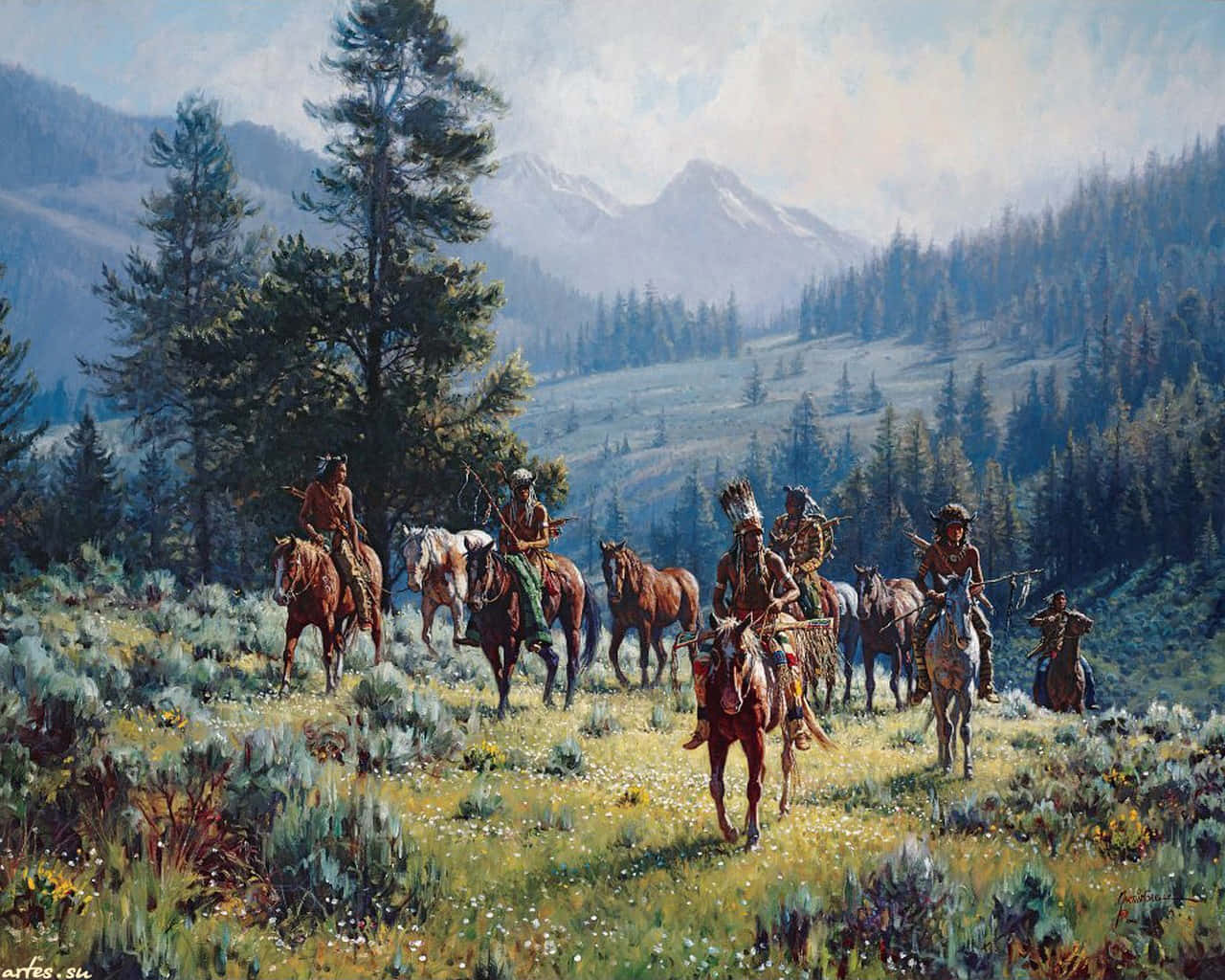 Native American riders, horseback, sunlit meadow, HD Desktop Wallpaper
