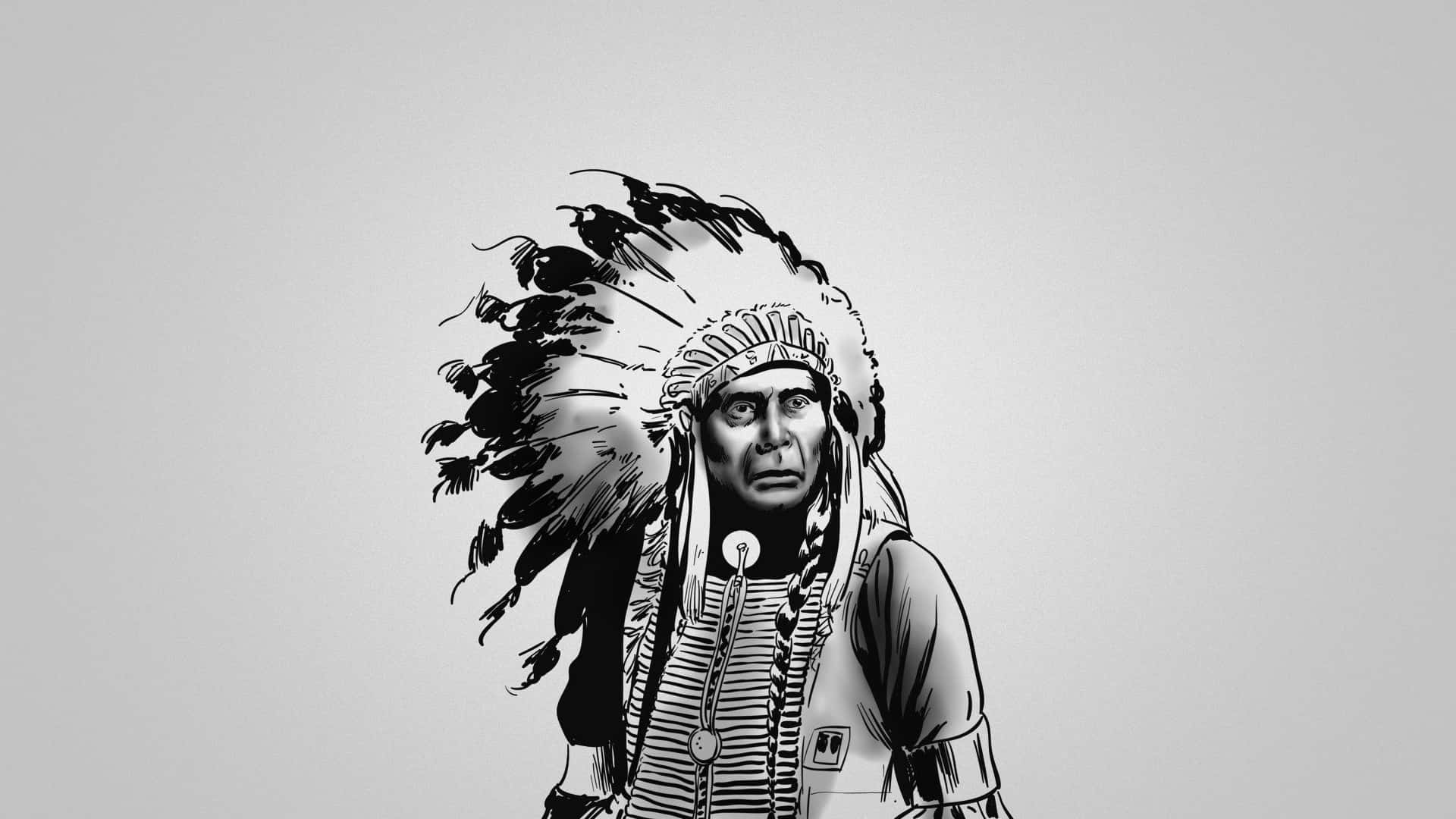 Native American Indian, feathered headdress, black and white illustration, Full HD Desktop Wallpaper