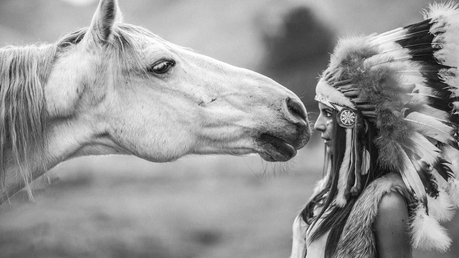 feathered headdress, white horse, black and white portrait, Full HD Desktop Wallpaper