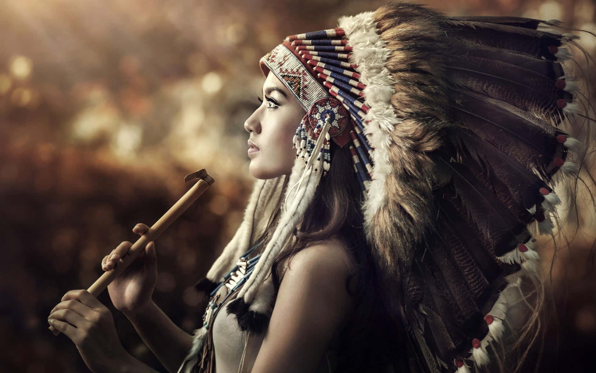 Native American Indian, headdress, wooden staff, Full HD Desktop Wallpaper