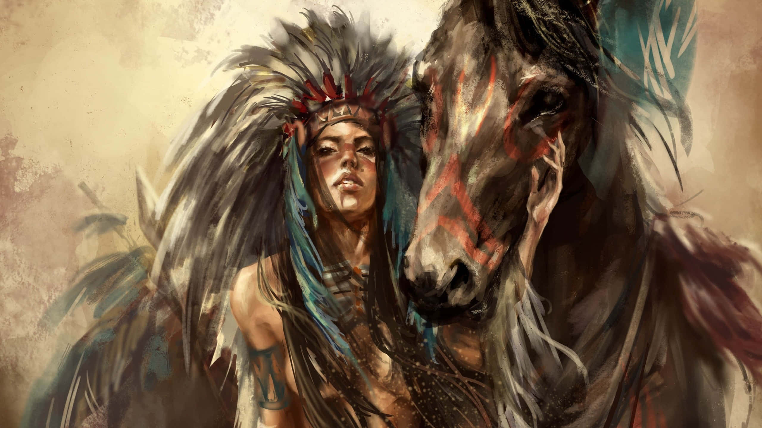 Native American Indian, feathered headdress, painted horse, 2K Desktop Wallpaper