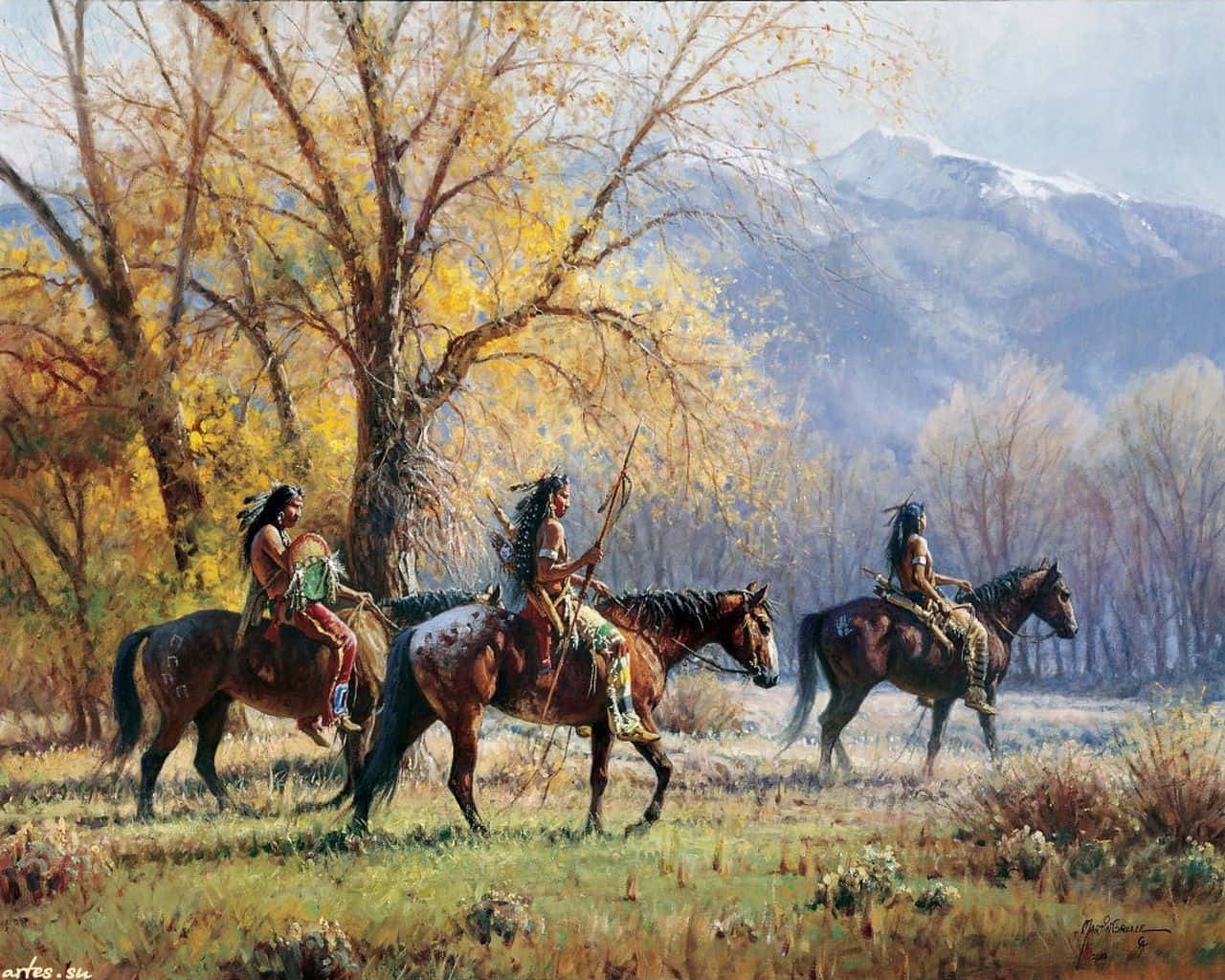 Native American Indian, horseback, golden autumn field, HD Desktop Wallpaper