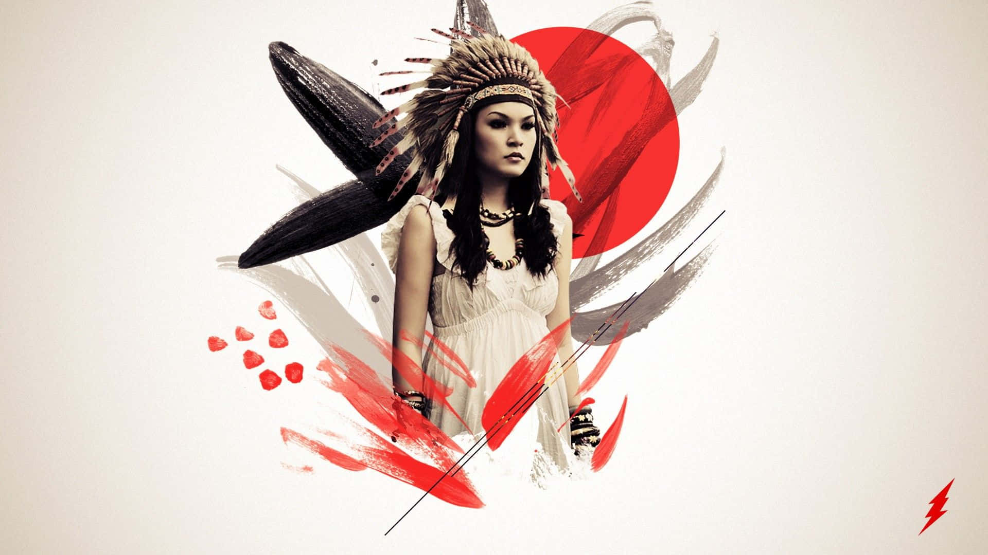 Native American Indian, feathered headdress, bold red circle, Full HD Desktop Wallpaper