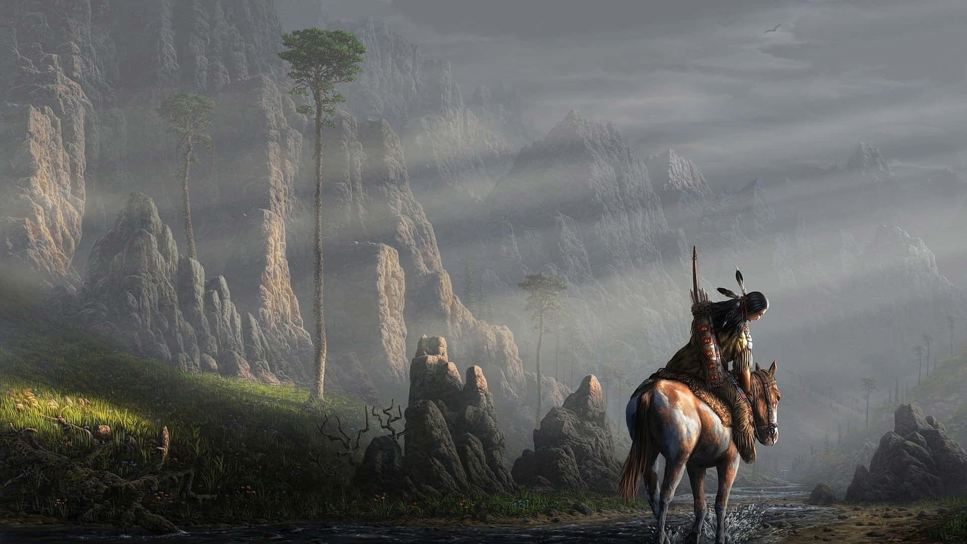 Native American Indian, horse, misty mountain valley, Full HD Desktop Wallpaper