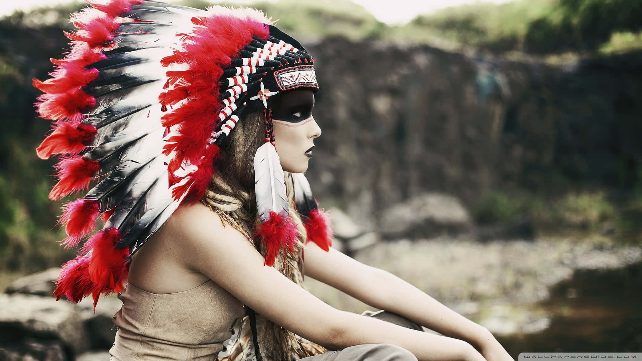 native american headdress, red and white feathered headdress, rocky riverbank, Full HD Desktop Wallpaper