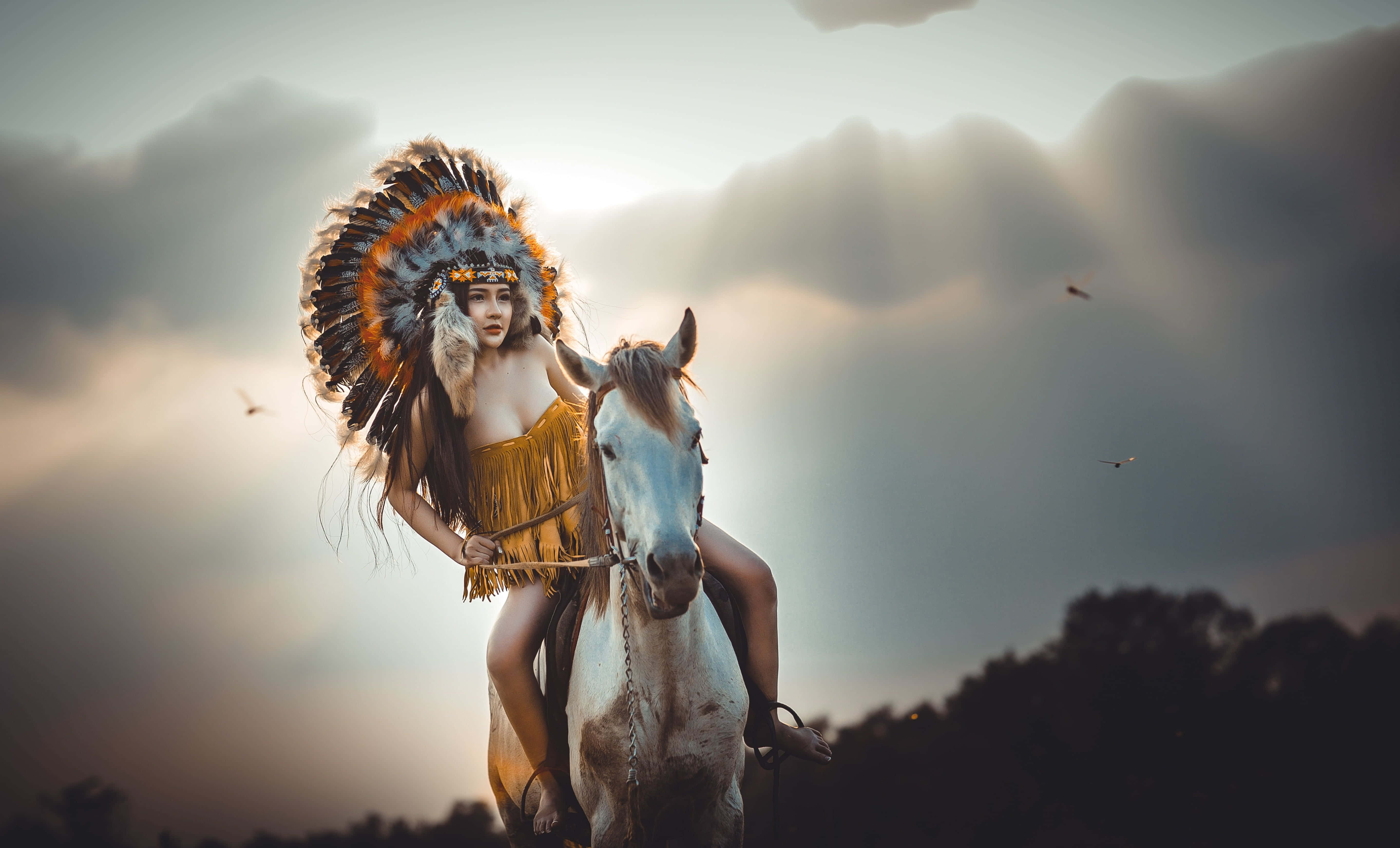 Native American Indian, feathered headdress, white horse, 5K Desktop Wallpaper
