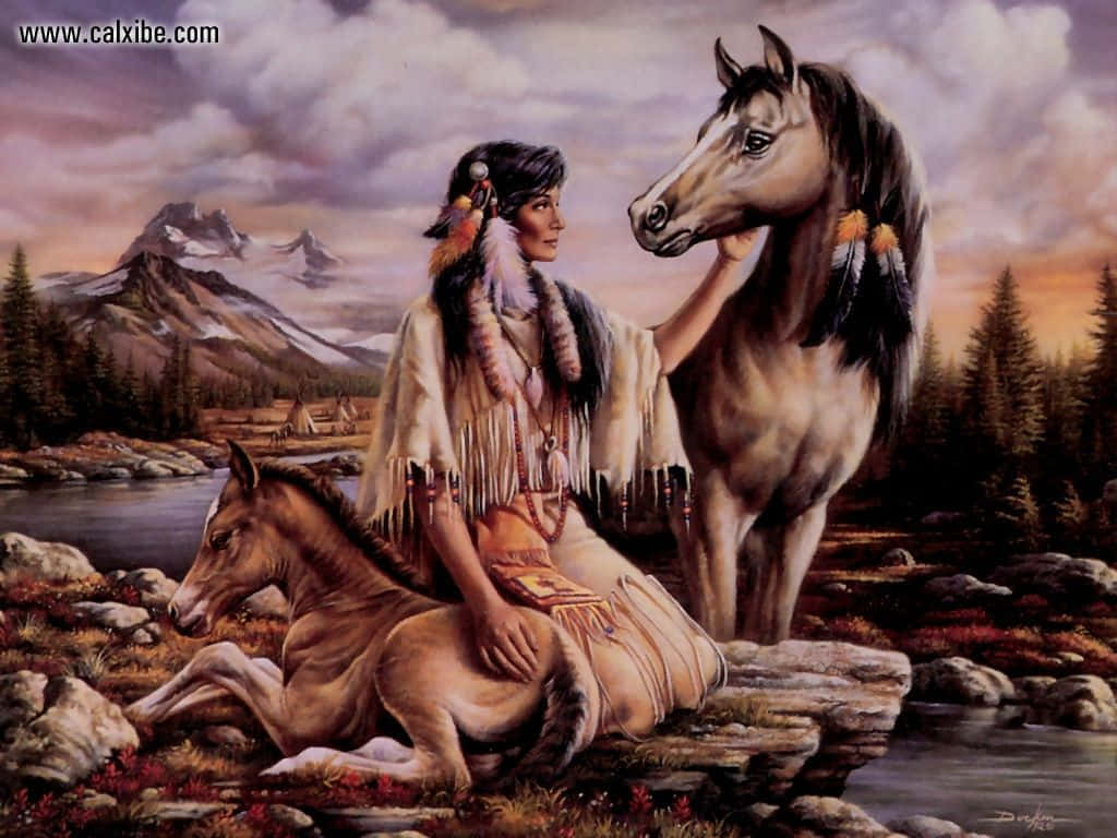 Native American woman, traditional attire, horse, SD Desktop Wallpaper