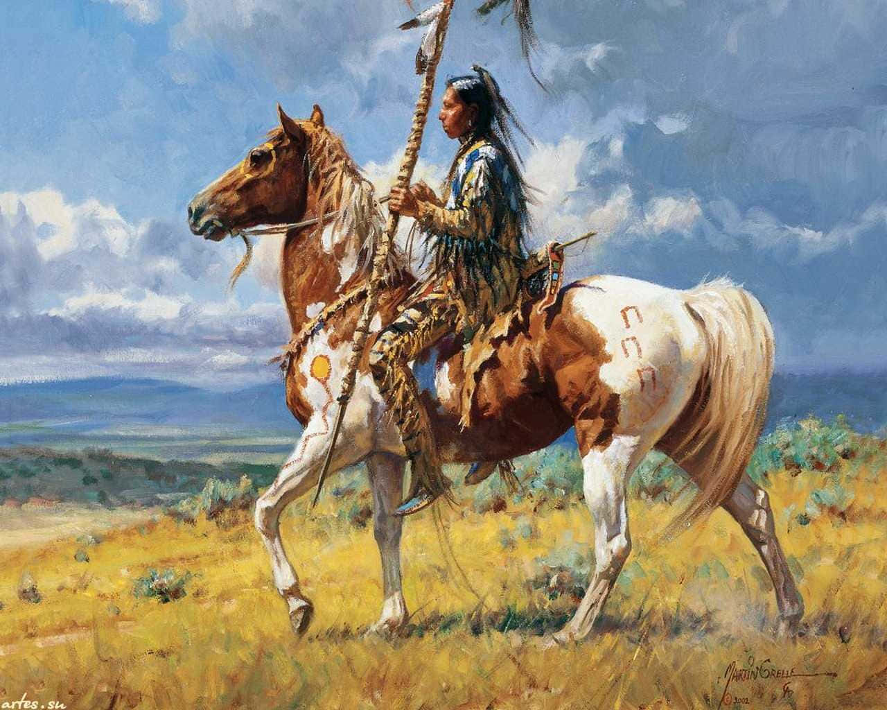 Native American warrior, traditional regalia, painted horse, HD Desktop Wallpaper