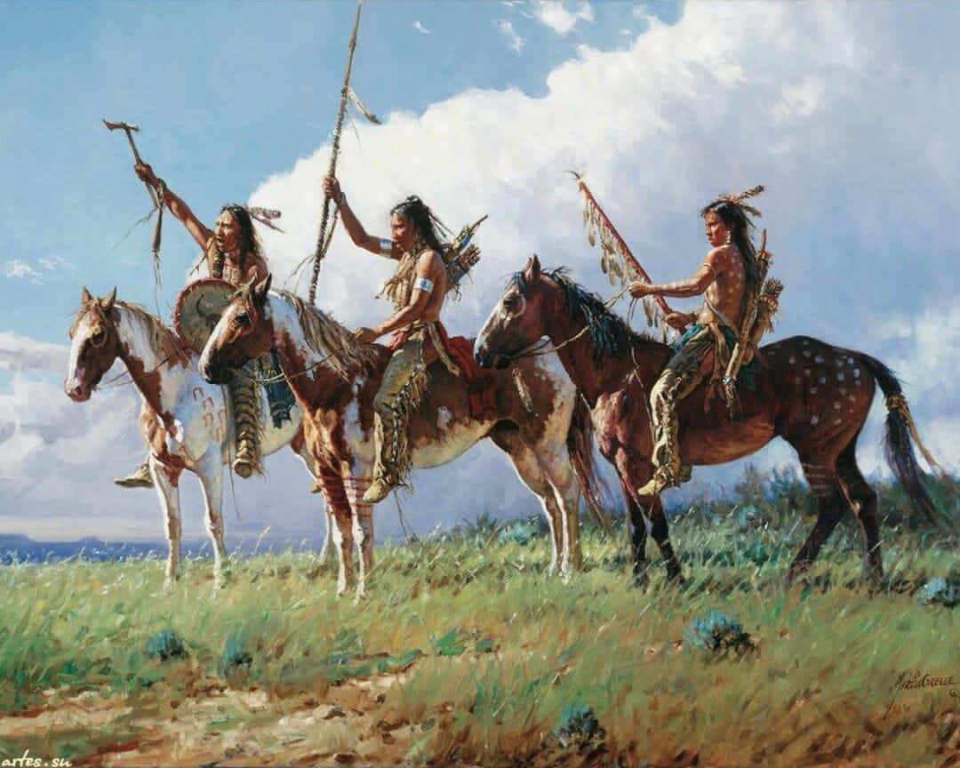 Native American warriors, horses, sunlit grassland, SD Desktop Wallpaper
