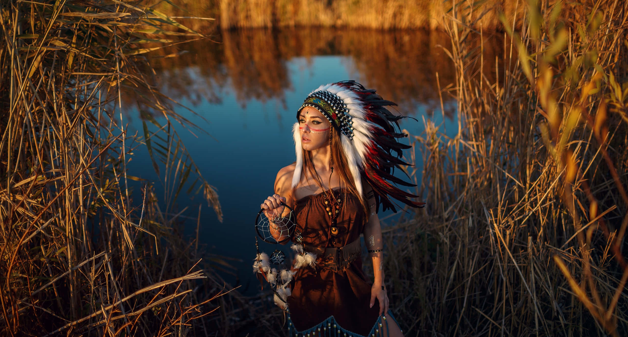 Native American Indian, headdress, calm pond, 2K Desktop Wallpaper