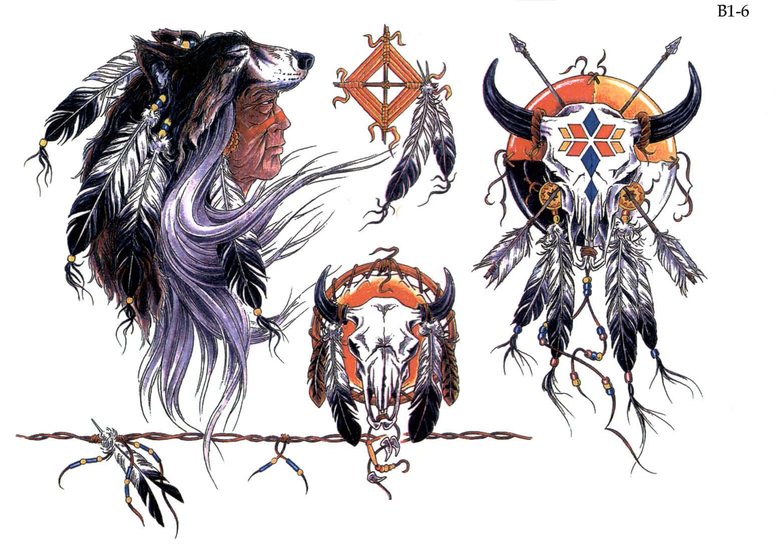 Native American Indian, wolf head feathers, dreamcatcher skull motifs, HD Desktop Wallpaper