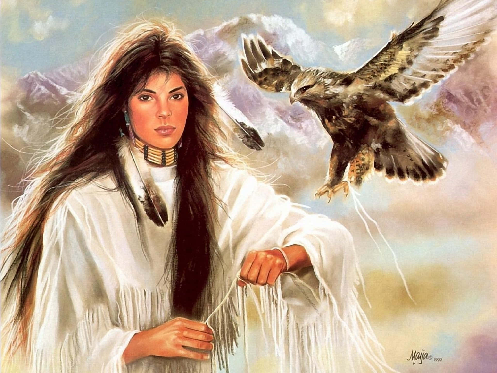Native American woman, eagle, snowy mountains, Full HD Desktop Wallpaper