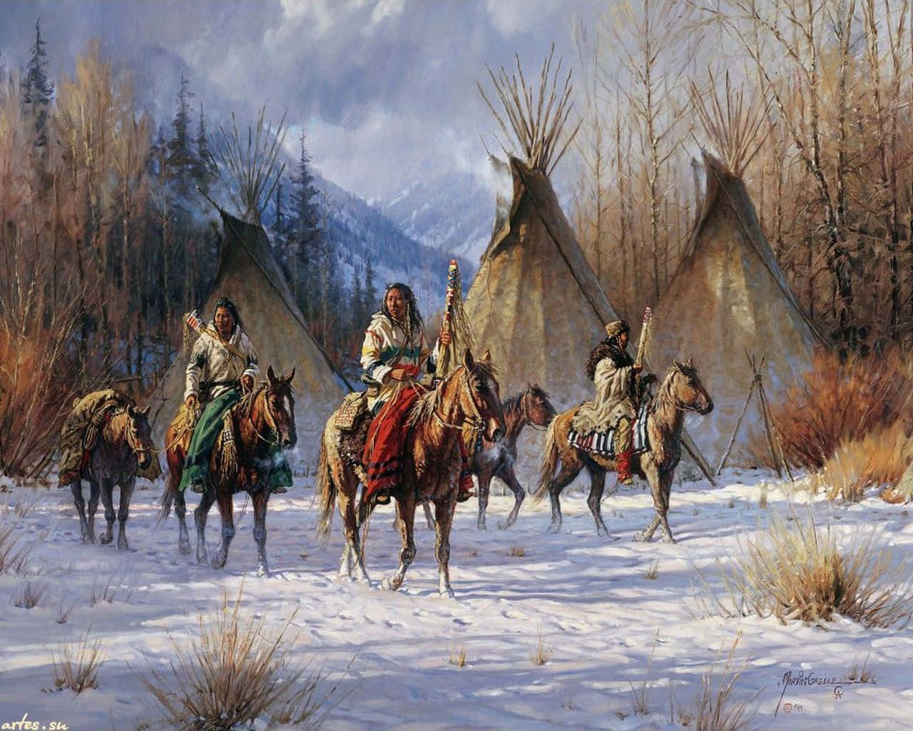Native American Indian, horseback, snowy winter landscape, HD Desktop Wallpaper