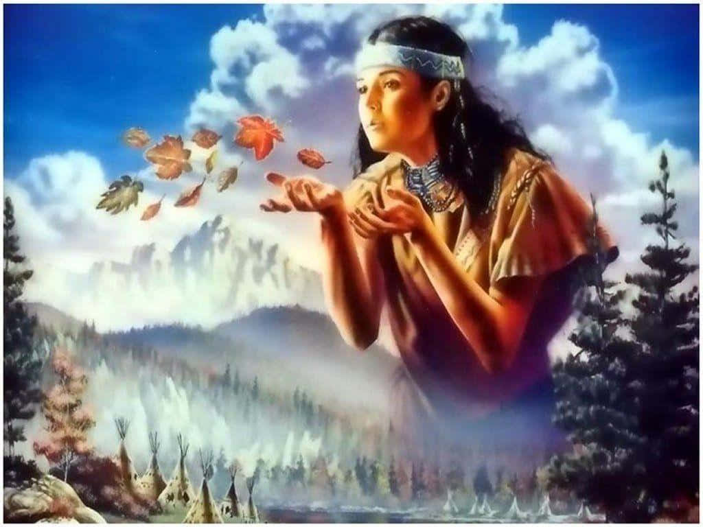Native American woman, autumn leaves, misty mountain valley, SD Desktop Wallpaper