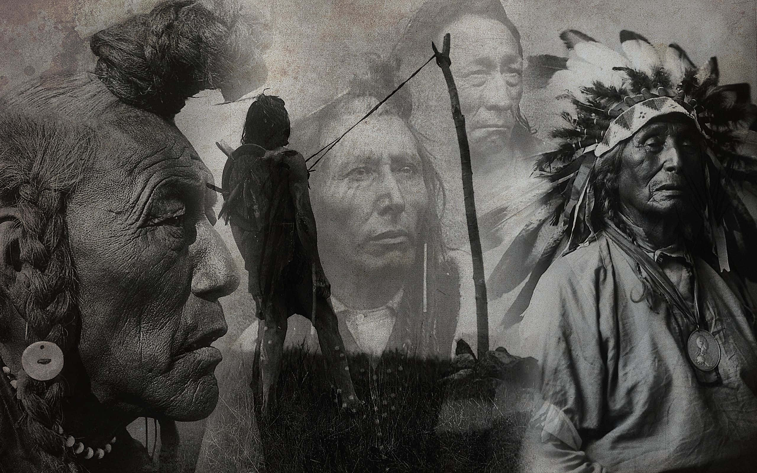 Native American Indian, black and white collage, traditional attire, 2K Desktop Wallpaper