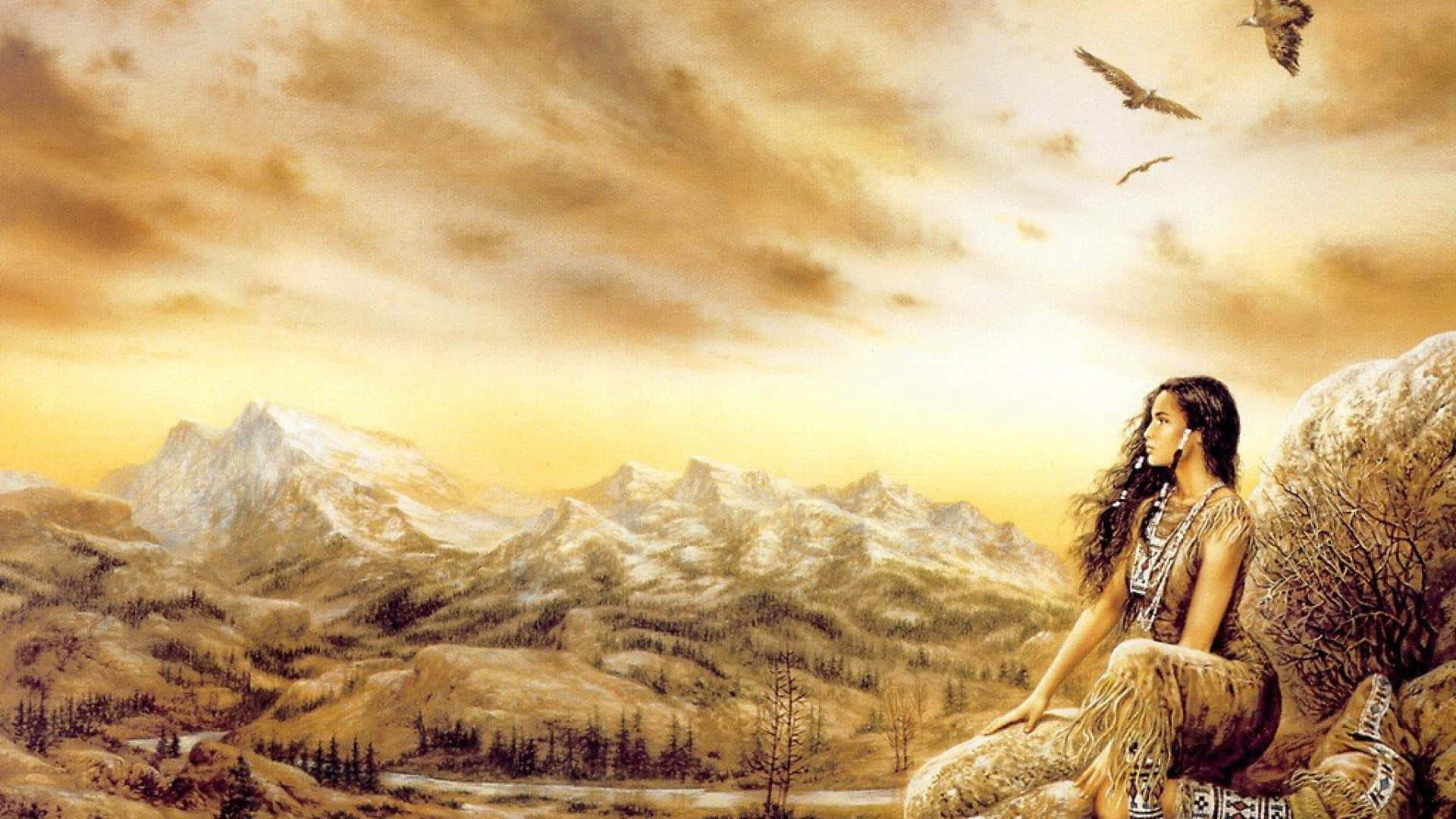 Native Woman, tribal attire, rock, Full HD Desktop Wallpaper