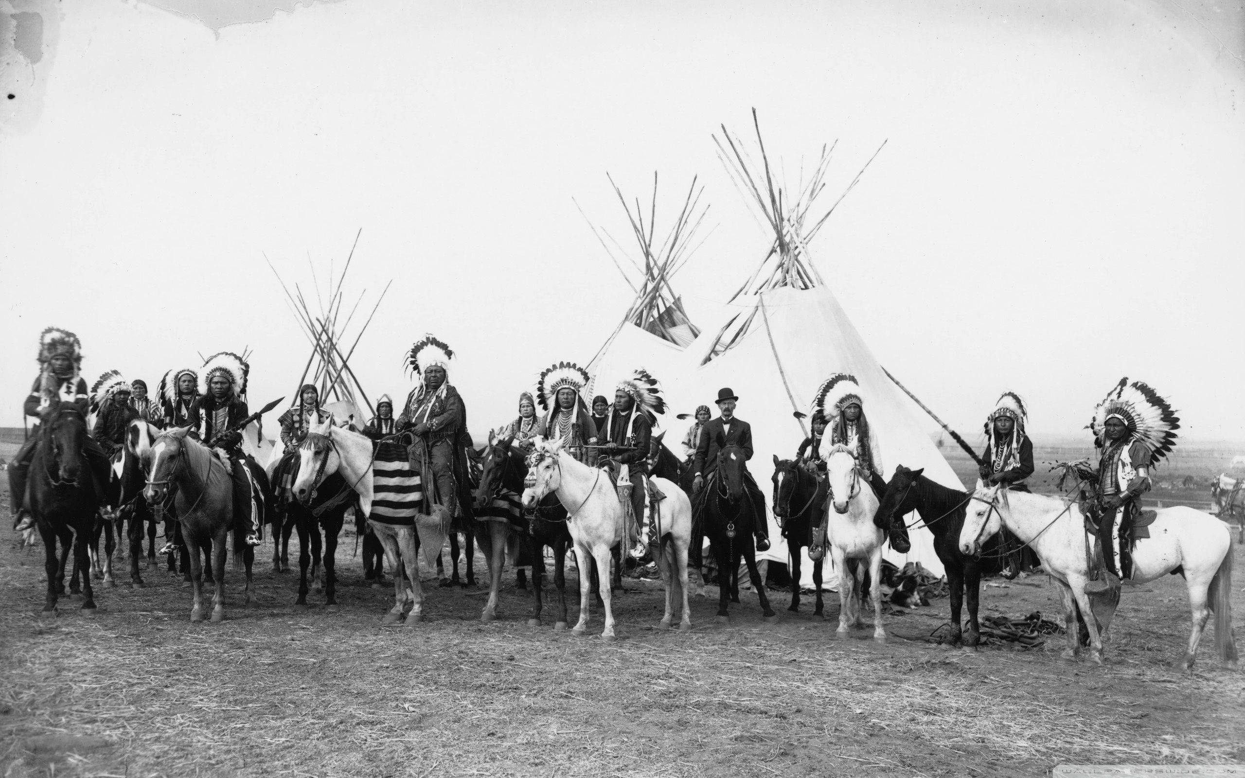Native American, horses, feathered headdresses, 2K Desktop Wallpaper